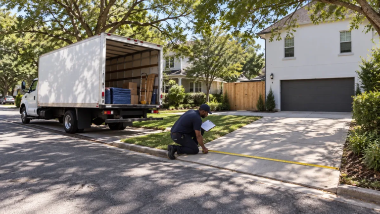 Mover measuring driveway access beside a parked moving truck on a residential street