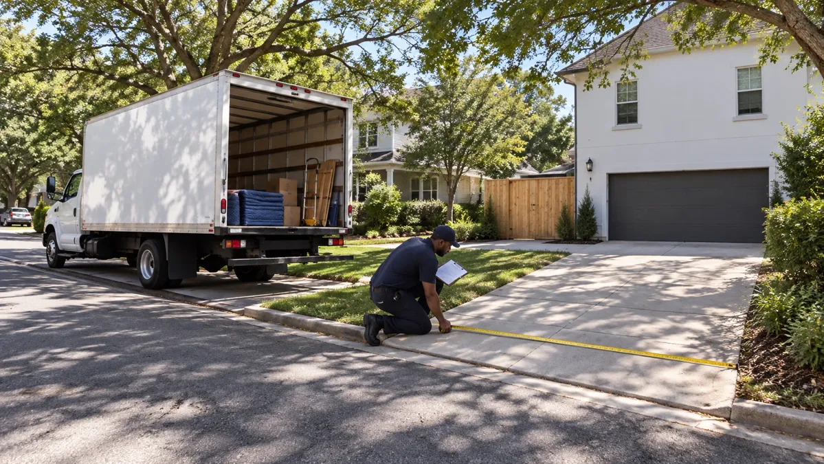 Mover measuring driveway access beside a parked moving truck on a residential street