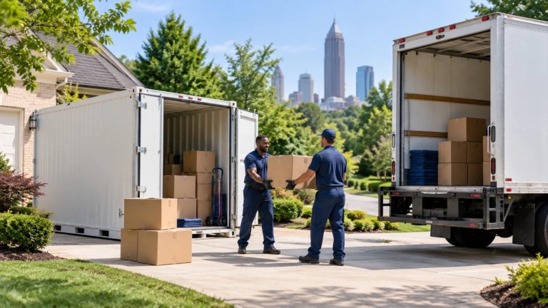 Professional movers, a portable storage container and a moving truck in an Atlanta driveway