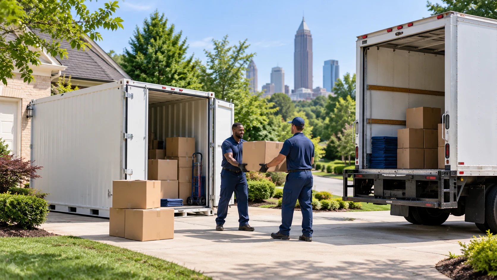 Professional movers, a portable storage container and a moving truck in an Atlanta driveway