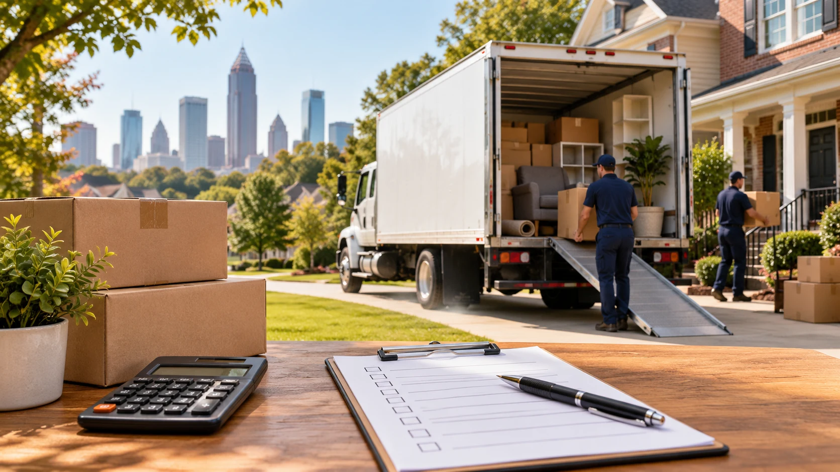Moving boxes, a budget checklist and an unbranded truck at an Atlanta home