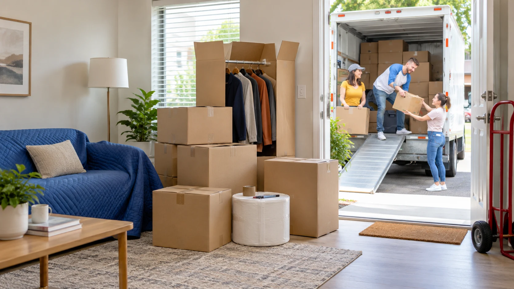 Packed boxes and a protected sofa in a small apartment ready for an interstate move
