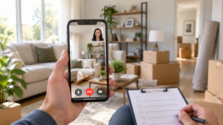Homeowner showing furniture on a smartphone video survey with a moving inventory checklist