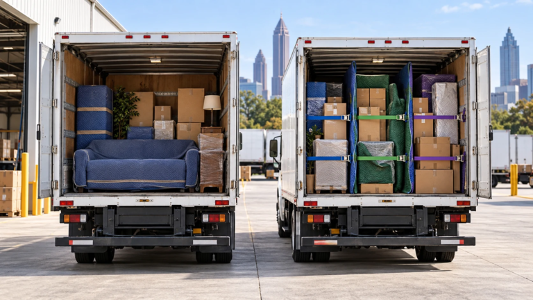 Two moving truck cargo bays with a dedicated household load and separated shared loads