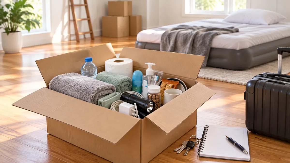 First-night essentials box, suitcase, keys and temporary bedding in a new home