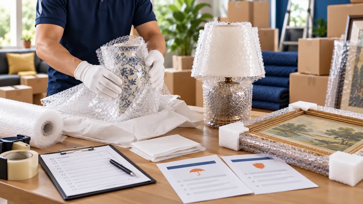 Carefully wrapped valuable belongings with coverage forms and a moving inventory