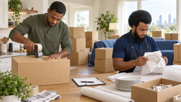 Homeowner sealing a moving box while a professional packer protects kitchen plates