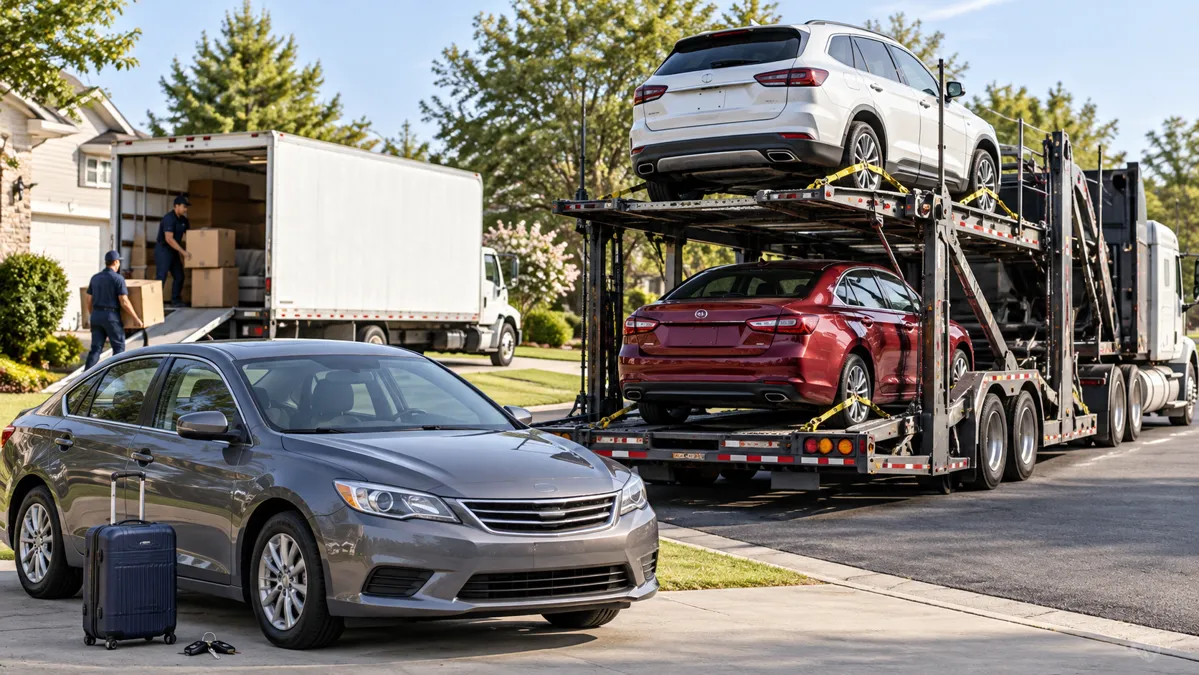 Secured cars on an auto transporter beside a family sedan and household moving truck