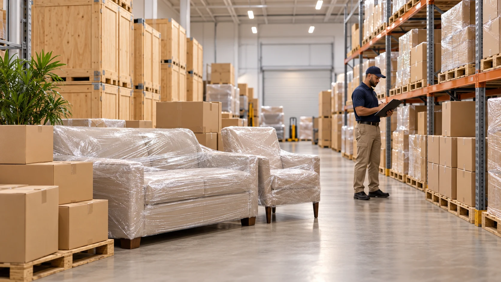 Wrapped household furniture and boxes in a secure storage-in-transit warehouse