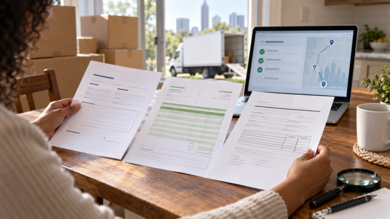 Homeowner comparing moving estimates and a service agreement before booking a mover